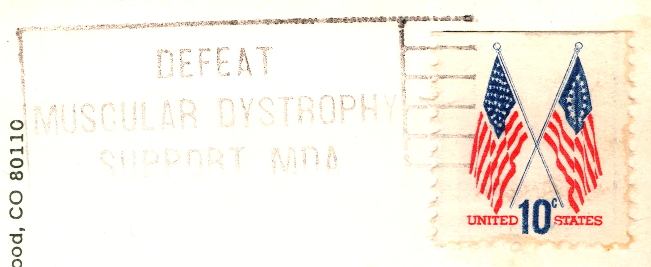 A machine slogan cancel reading Defeat Muscular Dystrophy, Support MDA, postmarked June 1978, from the Postcard Origins collection