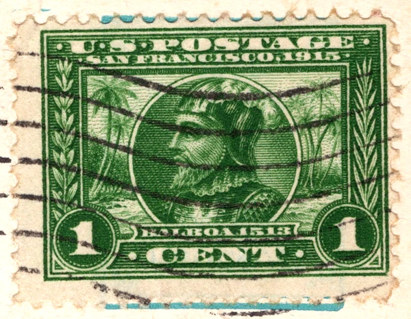 A 1-cent green Panama-Pacific Exposition stamp picturing Vasco Núñez de Balboa, on a postcard, from the Postcard Origins collection