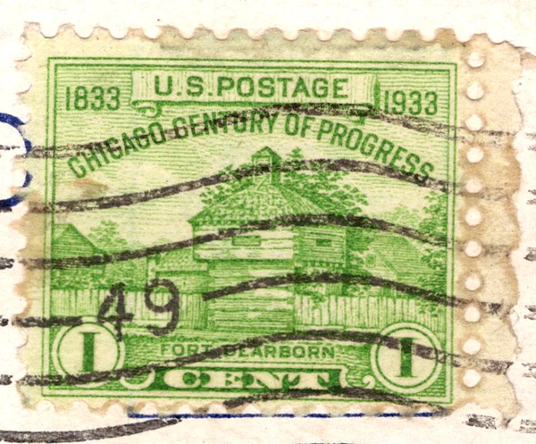 A 1-cent green Century of Progress stamp picturing Fort Dearborn, on a postcard, from the Postcard Origins collection