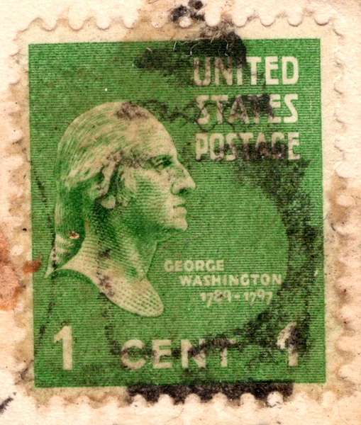 A 1-cent green George Washington stamp of the 1938 Presidential series on a postcard, postmarked August 1947, from the Postcard Origins collection