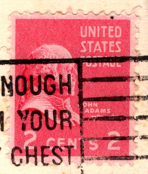 A 2-cent rose carmine John Adams stamp of the 1938 Presidential series on a postcard, from the Postcard Origins collection