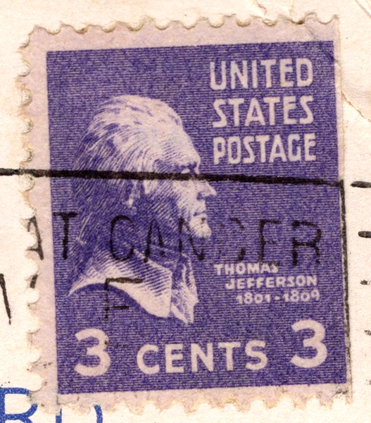 A 3-cent deep violet Thomas Jefferson stamp of the 1938 Presidential series on a postcard, postmarked 1954, from the Postcard Origins collection
