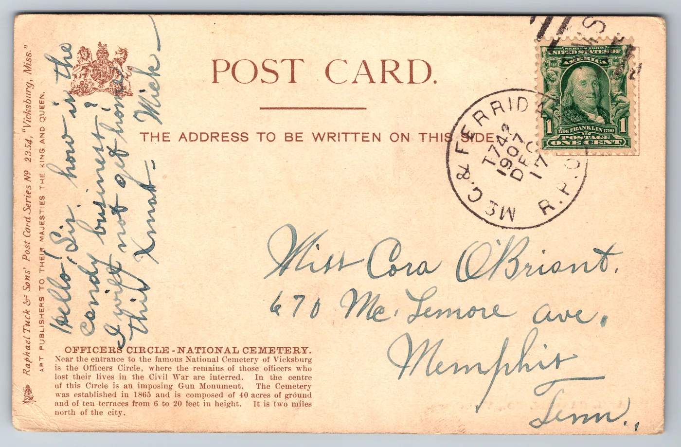 The undivided back of the same card, showing the Raphael Tuck and Sons imprint, Series No. 2354, and the royal-appointment line